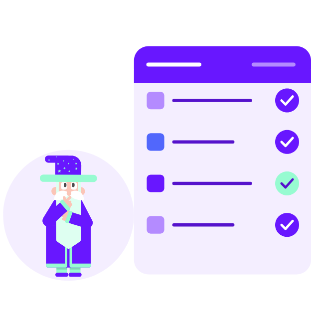 The Eldrin wizard thinking beside a decision ledger: every row checked, and the one wrong call rewritten and marked correct.