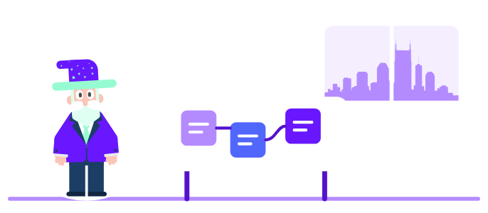 A business owner at a whiteboard of connected sticky notes, the Nashville skyline in the window.