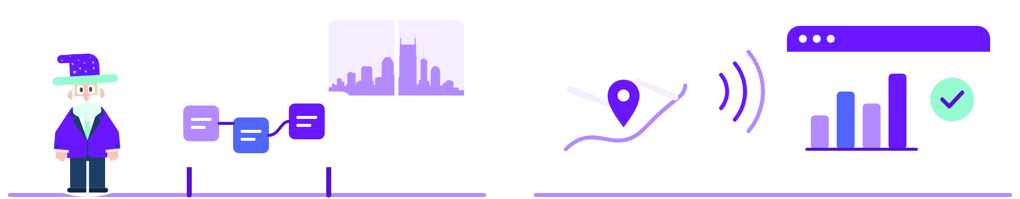 In the room: A business owner at a whiteboard of connected sticky notes, the Nashville skyline in the window. From anywhere: A map pin in Middle Tennessee sending a signal to a dashboard whose bars have risen, with a check.