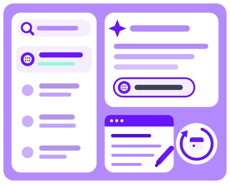 Your site first in the search results and named in an AI answer, beside the page the engine wrote and its monthly loop arrow.